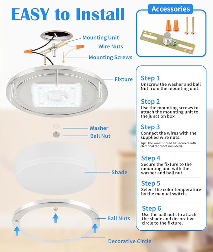 Brushed Nickel Ceiling Light, 10 Inch LED Ceiling Light Fixture for Bathroom,17W, 2700K/3000K/3500K/4000K/5000K Adjustable Ceiling Lighting for Bedroom Kitchen Hallway Living Room
