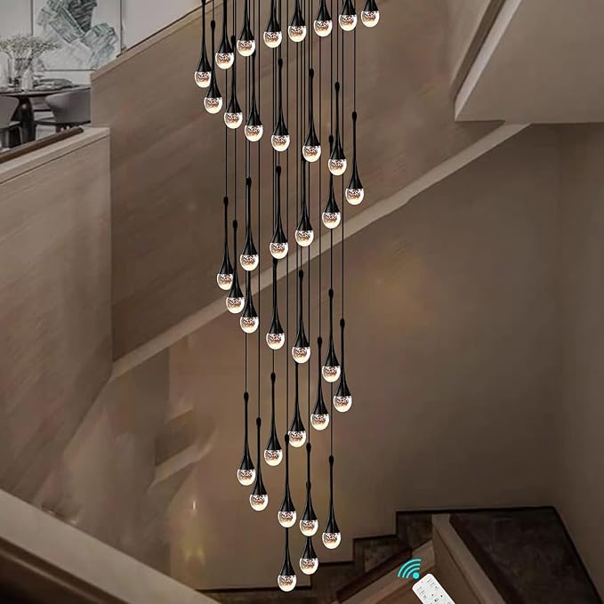 ykolupty H150'' High Ceiling Chandeliers for Entryway 36-Lights Black Spiral Crystal Chandelier Modern Raindrop Chandeliers for Villa Staircase,Hanging Light Fixtures for High Ceiling