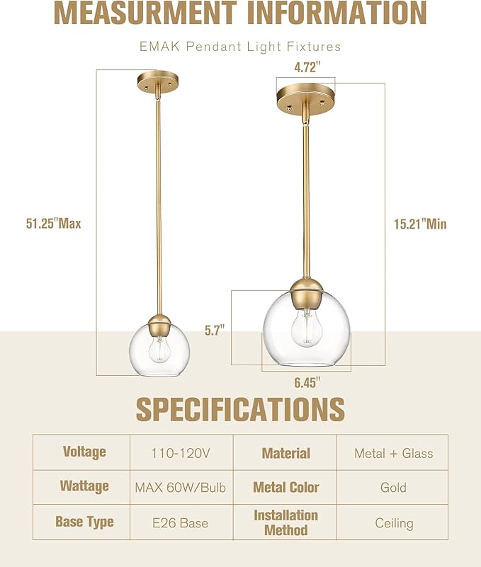 Emak Modern Gold Pendant Light Fixtures, 7 Inch Globe Pendant Lights with Clear Glass, 1 Light Hanging Lights for for Kitchen Island, Bathroom, Dining Room, Bedroom, Hallway, 2 Pack, PL119-GD-2PK