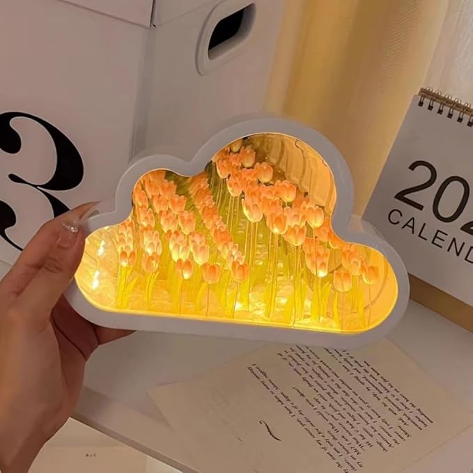 LOGAZOO (20 Flower) Mothers Day Gifts for mom Tulip Lamp Night Light with Mirror, Assembled Artificial Flower Lamp Table Light Bedroom Decoration Gift for Women Girlfriend Sisters Desk Table Decor