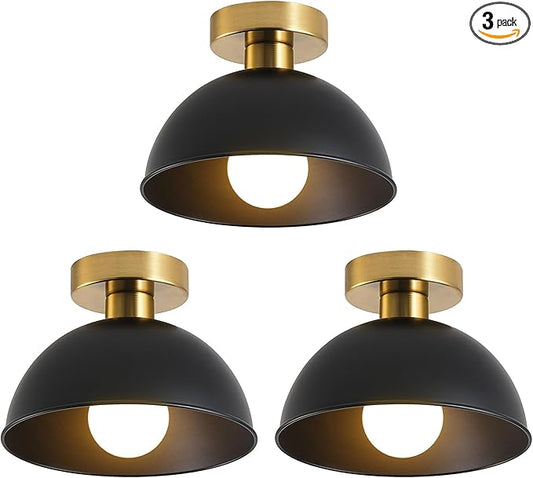 3-Pack Industrial Semi Flush Mount Ceiling Light with Gold Plate and Matte Black Shade, Farmhouse Ceiling Light Fixture for Kitchen Island Dining Room Foyer Hallway Porch Barn Loft，10in