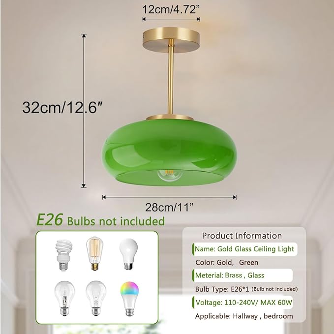 Green Glass Ceiling Light - Mid Century Modern Semi Flush Mount with Green Dome Glass Shade and Gold Brass Finish - Vintage Hallway Light Fixture Hallway Dining Room Kitchen Sink