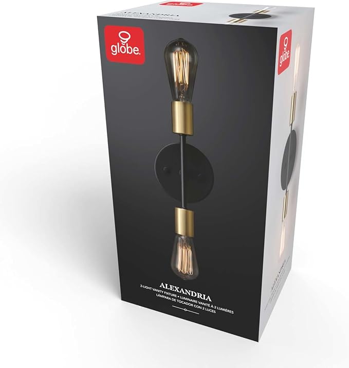 Globe Electric 52085 10" 2-Light Reversible Vanity Wall Light, Matte Black, Brass Accent Socket, Dimmable Lighting, E26 Open Socket, Beauty Room Accessories, Home Decor, Modern Lights for Bathroom