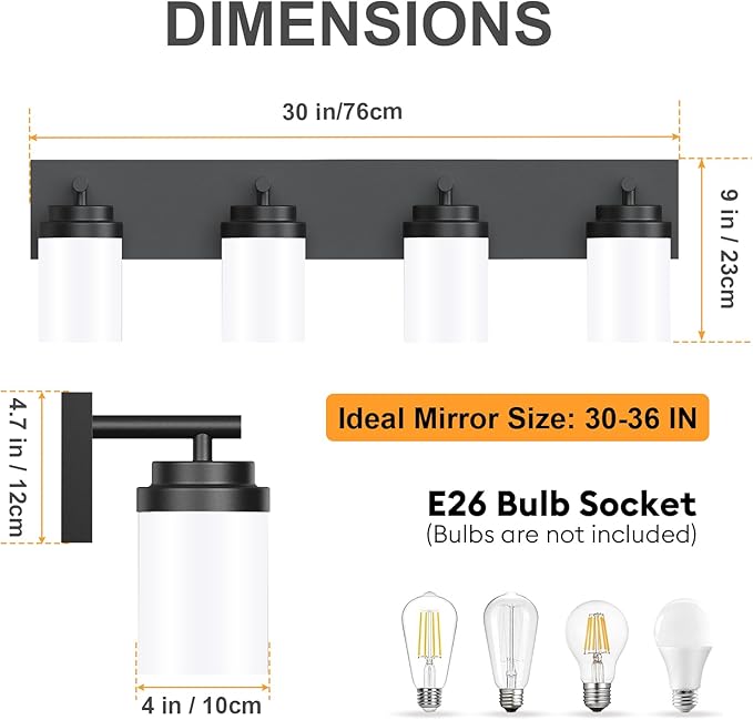 IZORRO Bathroom Vanity Light Fixture, 4-Light 30 Inch Matte Black Bathroom Light Fixtures Over Mirror, with White Glass Shade, Modern Farmhouse Vanity Lights, Rustic Restroom Lighting Fixtures