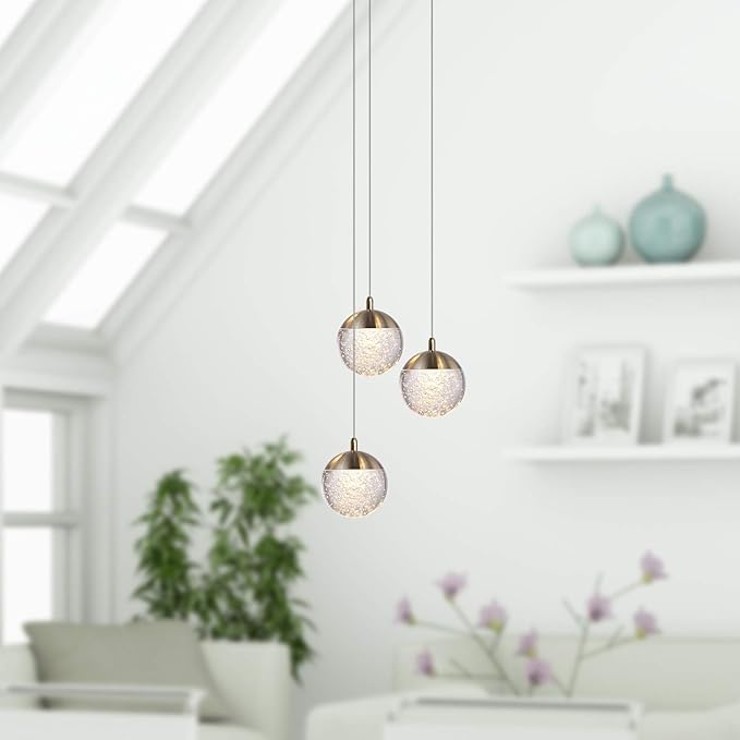 contec development Galaxy 3 Mini Pendant Crystall Ball Lighting Brass - LED Hanging Light Fixture: Kitchen Island, Bar, Foyer - Cluster Pendants - Dimmable, Adjustable Wire, Lamp Bulb Included