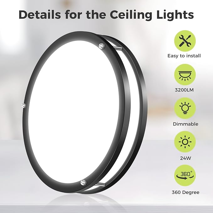 hepside 4 Pack Flush Mount Ceiling Light Fixture, Dimmable & 5CCT Ceiling Light Black, 13inch 24W 3000K 3500K 4000K 5000K 6500K Adjustable Ceiling Lamps for Kitchen Bathroom Bedroom Hallway