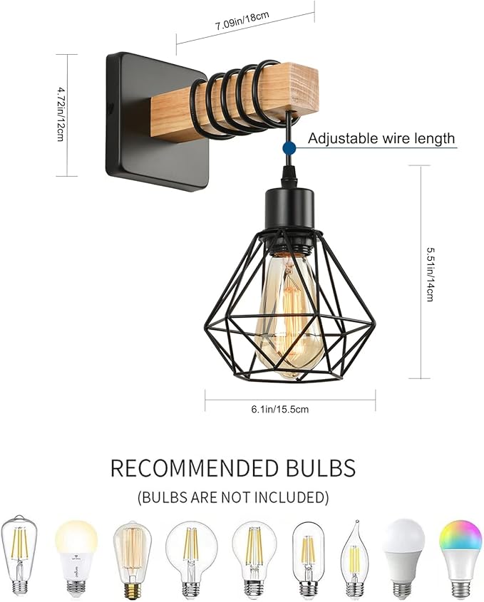 Rustic Wall Sconces Fixtures with Plug in Cord, Set of Two Indoor Vintage Rattan Wall Light Industrial Lamp Fixture Farmhouse Metal Sconces Light for Bedroom Bedside Living Room