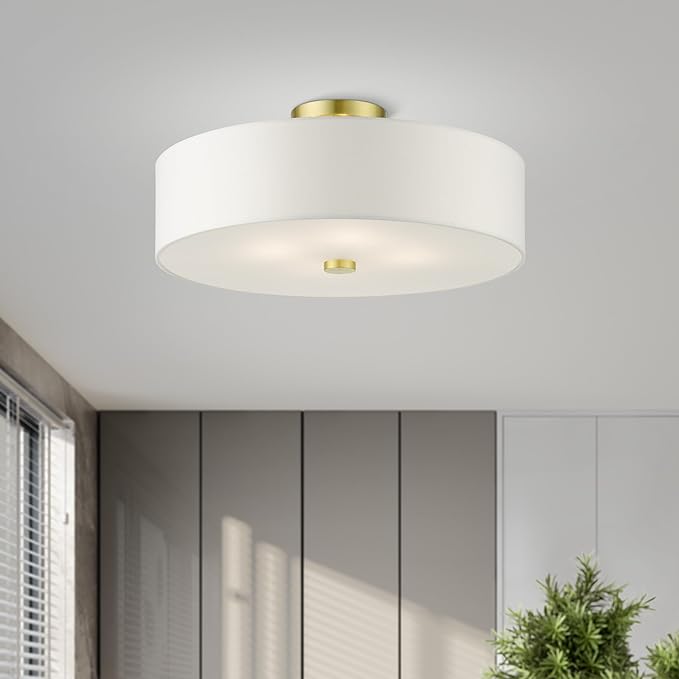 Livex Lighting 51055-12 Meridian Collection 4-Light Semi Flush Mount Ceiling Light with Off-White Hardback Fabric Shade, Satin Brass