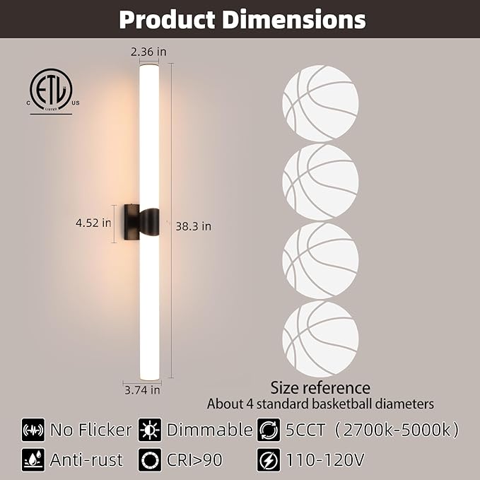 Modern Wall Sconce 39 Ihch Black Bathroom Sconces LED Wall Lighting Fixtures with Acrylic Shade Hardwired Long Vanity Lights Over Mirror for Bedroom Living Room Hallway