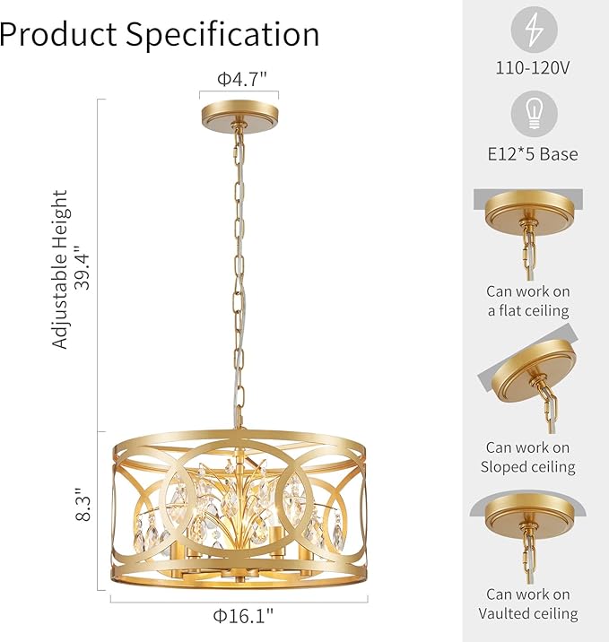 WUZUPS Crystal Chandelier 5-Light Vintage Farmhouse Pendant Ceiling Light Lighting Fixture for Foyer Diningroom Bedroom Hallway Storage Kitchen Bathroom, H 8.3" W 16.1", E12 Base, Gold