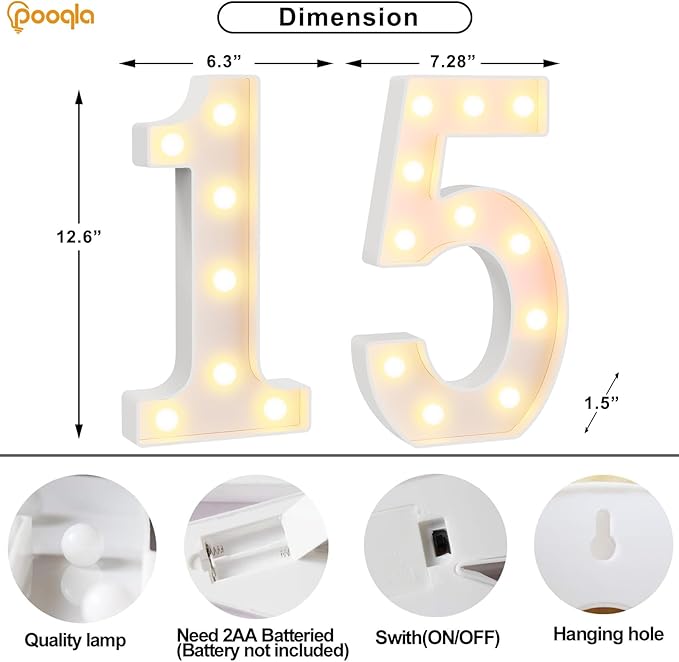 Pooqla 15th Birthday Decorations for Girls Boys, Large 12.6 in Tall Light Up Numbers for 15th Party Decorations Table Decor, Big Marquee Numbers 15th Birthday Gift for Girls Wedding Anniversary Decor