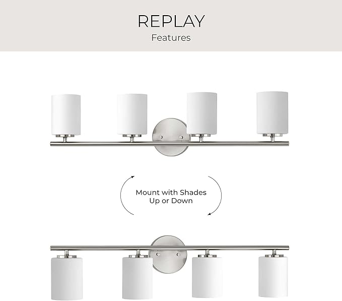 Progress Lighting 4-Light Etched White Glass Modern Bath Vanity Light, Replay Collection, Brushed Nickel (P2160-09)
