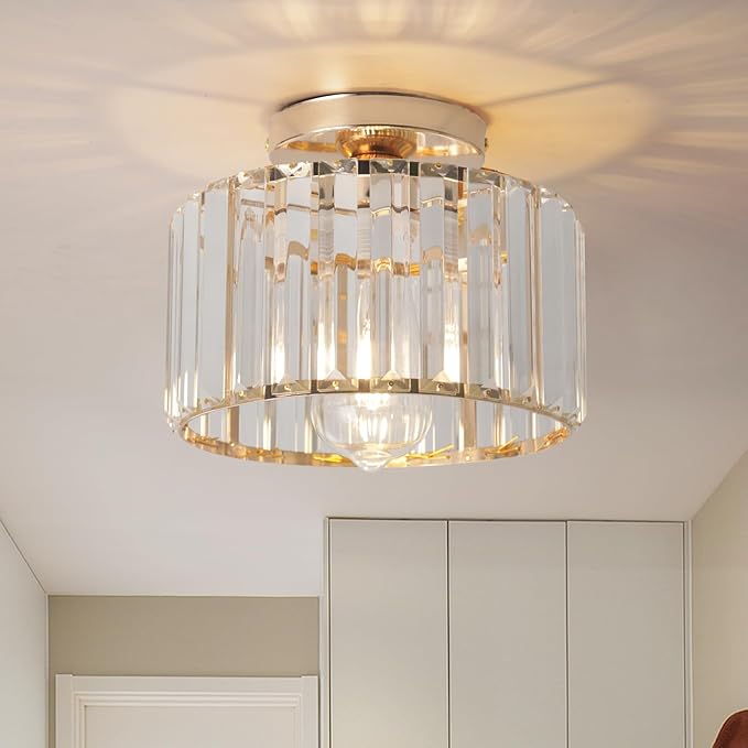 9 Inch Gold Crystal Ceiling Light Fixture - Modern Semi-Flush Mount Chandelier with Premium Crystals for Entryway, Dining Room, Bedroom, Kitchen