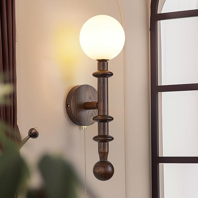 Wood Wall Sconce,Industrial Globe Wall Sconce,Modern Bedroom Vanity Wall Light fixtures with White Globe Glass Lampshade for Living Room、dinging Room