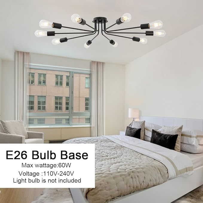 10 Lights Ceiling Light Vintage Metal Semi Flush Mount Light Ceiling Lamp Black Chandelier Lighting Fixture for Living Room Dining Room Kitchen Hallway Cafe