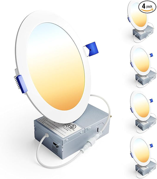 Ensenior 4 Pack 6 Inch LED Recessed Light, Dimmable, 2700K-5000K 5CCT, 1200LM High Brightness, 12W 120V, Damp Rated, Ultra-Thin Canless Wafer Ceiling Light - ETL & FCC & IC