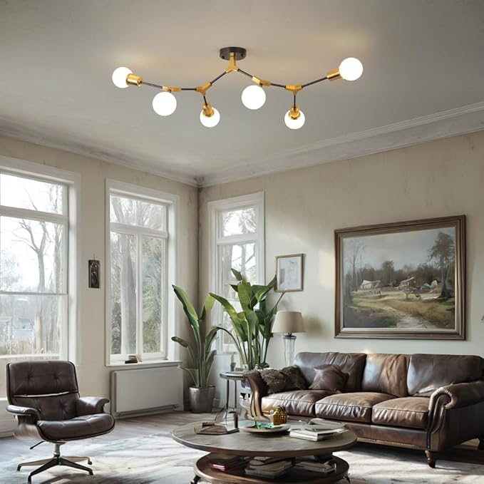 Modern Sputnik Semi Flush Mount Ceiling Light Fixture Gold and Black,Metal Mid Centur 6 Light Chandelier for Dining Room Bedroom Kitchen Hallway Foyer Living Room