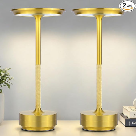 2-Pack Cordless Table Lamps Rechargeable - 5000mAh Battery Operated LED Table Light with Touch Stepless Dimming & 3 Color Modes - Portable Gold Metal Outdoor Lamps for Patio, Restaurant, Dining
