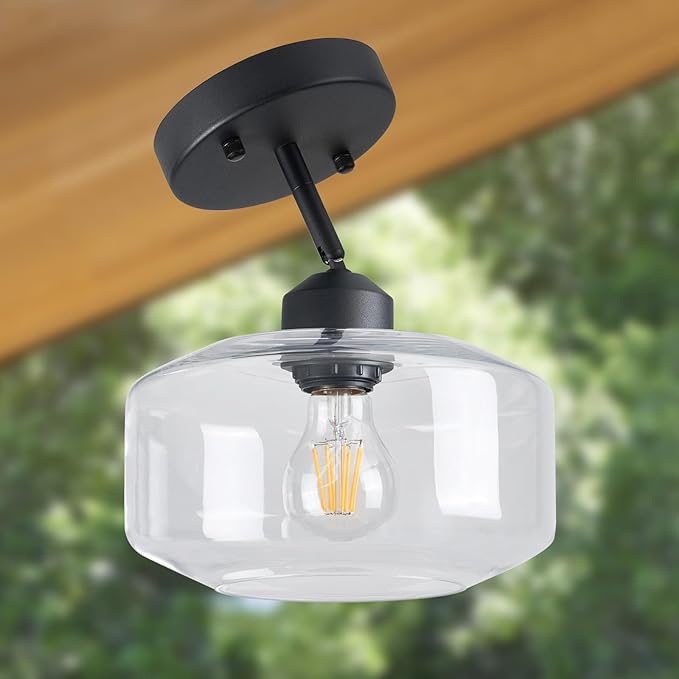 TeHenoo Matte Black Semi Flush Mount Light with Clear Glass Shade, Adjustable for Sloped Ceilings for Kitchen,Hallway,Living Room