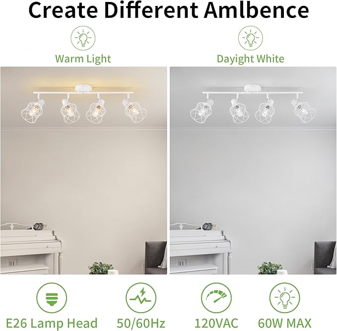 WILON Track Lighting Fixtures, Flush Mount Ceiling Spot Lights Modern Dining Room 4 Light Fixture 4 Way Track Light White Kitchen Rotatable Spotlight for Entryway Living Room