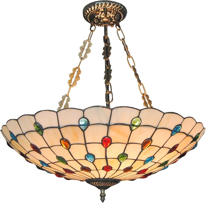 TFCFL 20.5Inch Tiffany Ceiling Light Fixtures Semi Flush Mount Stained Glass Peacock Green Inverted Tiffany Pendant Light for Kitchen Living Room Bedroom Dinning Room