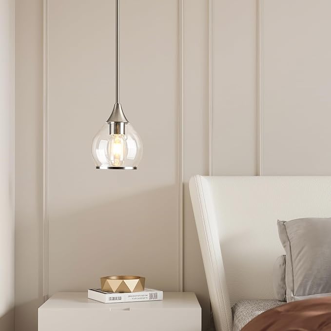 1-Piece Brushed Nickel Island Light for Kitchen, 1-Light Brushed Nickel Hanging Pendant Light with Clear Round Glass Shade for Dining Room,Bedroom