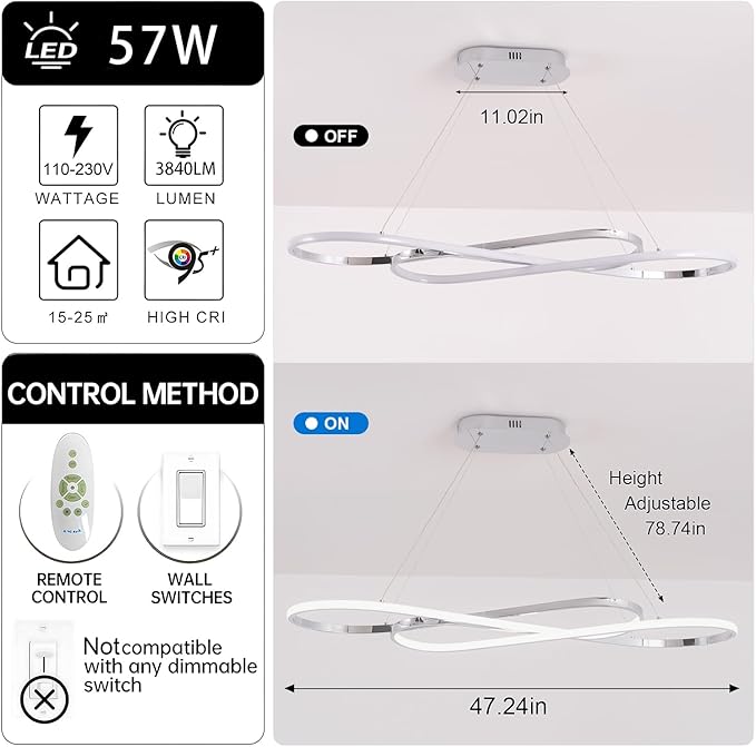 Led Chandeliers for Dining Room,Modern Led Pendant Light Fixture, Dimmable Adjustable Height Music Note Shape Hanging Lamp with Remote Control White Iron Ceiling Light Fixture for Kitchen Island