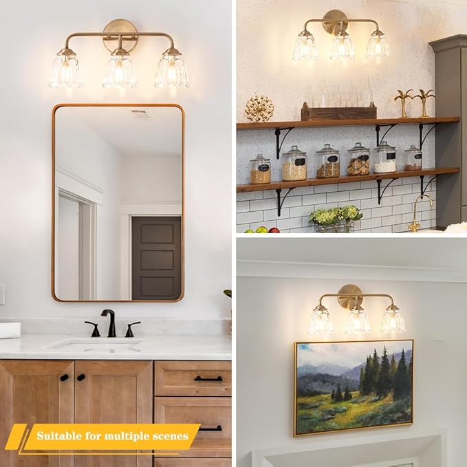 Daunton 3-Light Bathroom Vanity Light Gold, Vintage Vanity Light Fixtures Over Mirror, Brass Bathroom Light with Flower Glass Shade, Art Deco Wall Sconce Lighting for Bedroom, Living Room