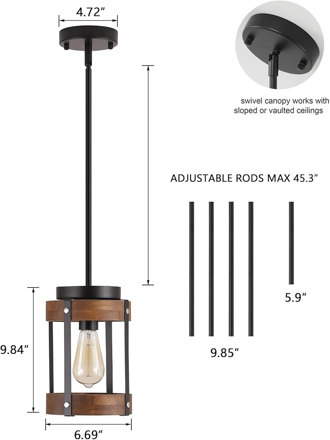 Rustic Farmhouse Wood Pendant Light Fixture One-Light Adjustable Rods Oak Wood and Metal Lantern Drum Small Pendant Lighting for Kitchen Island Sink Hallway Bathroom Bar Farmhouse, Black