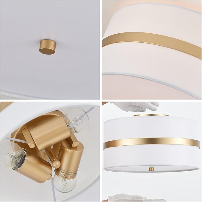 Semi Flush Mount Ceiling Light Fixture, Thin Pale Gold Brush Paint Finish Modern Ceiling Lamp with Cream White Fabric Drum Shade for Nursery Kids Room Bedroom Kitchen Hallway Entryway 3-Light