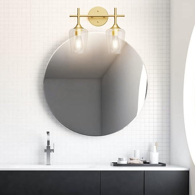 Ralbay Gold Bathroom Light Fixtures 2-Lights with Clear Glass Modern Wall Mount Lighting Industrial Farmhouse Gold Bathroom Vanity Lights Wall Sconce