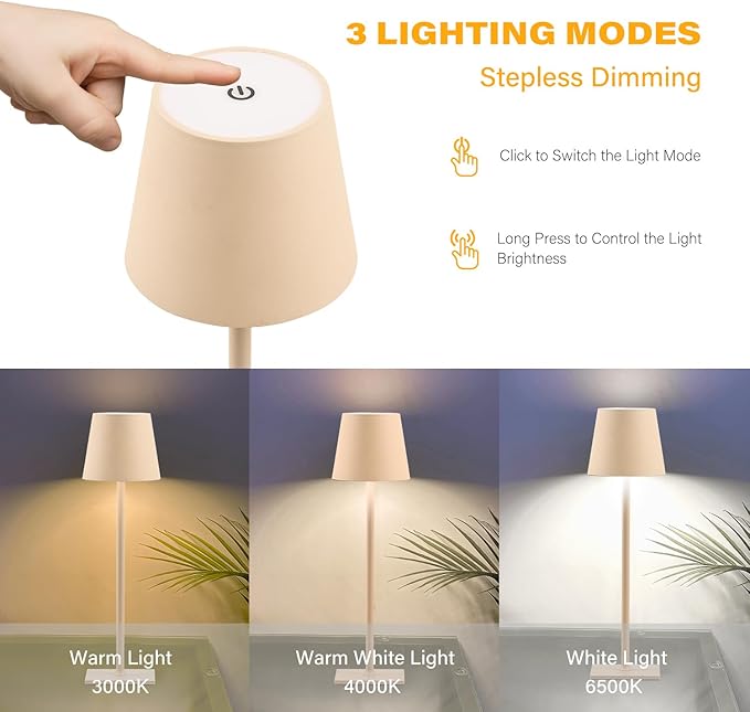 CHLORANTHUS 2 Pack Cordless Table Lamps, 3 Colors Stepless Dimming, 5000mAh Rechargeable Battery LED Desk Lamp for Bedroom/Couple Dinner/Desk/Cafe/Dining Room/Terrace