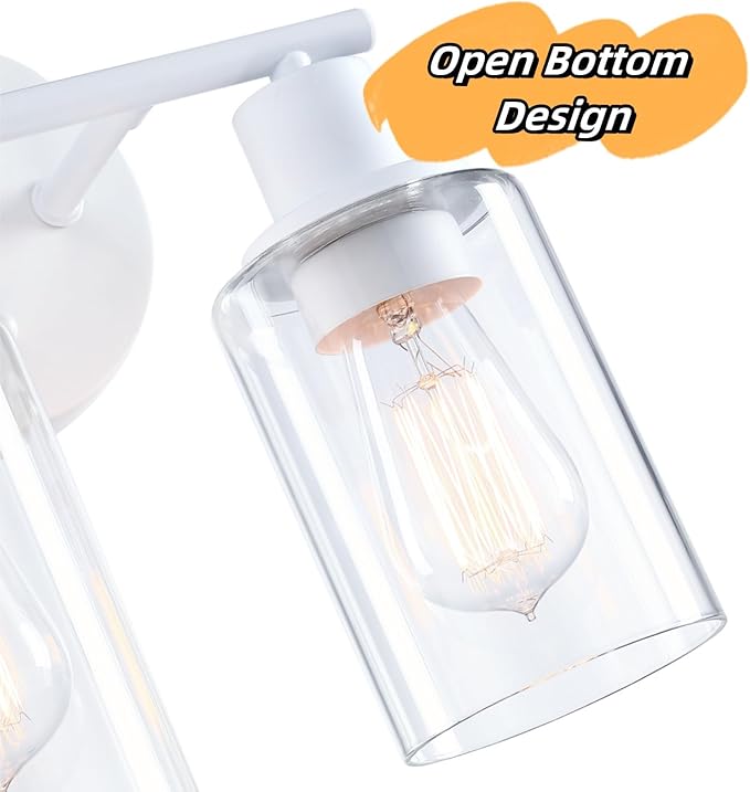 WISBEAM 2-Light Bathroom Vanity Light, White Bathroom Light Fixture with Clear Glass Shade Including E26 Medium Base, Bulb NOT Included, Vanity Light Over Mirror