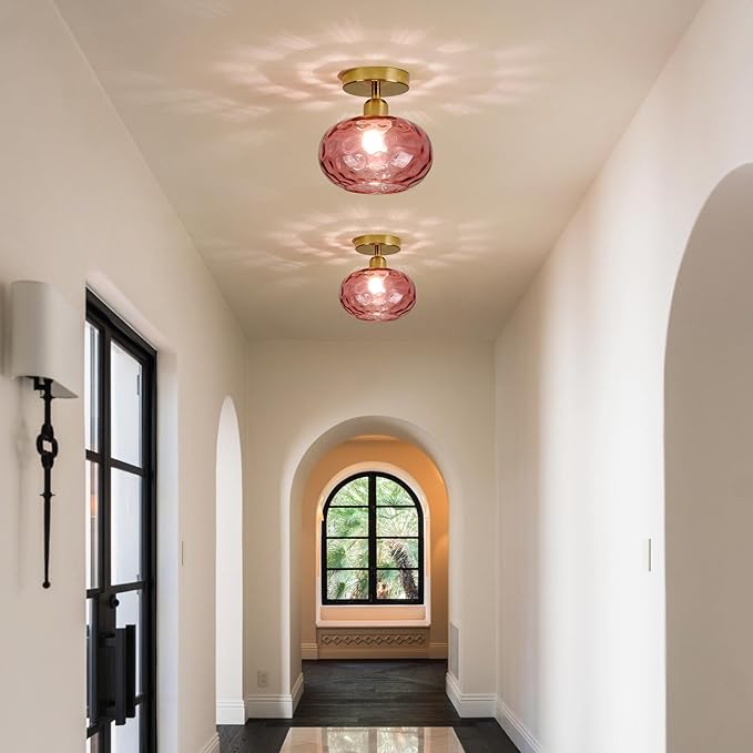 Red Glass Semi Flush Mount Ceiling Light - 2 Pack,7.9 Inch Small Hammered Art Deco Glass Hallway Light fixtures, Vintage Gold Flush Mount Ceiling Light for entryway Foyer Laundry Room Kitchen