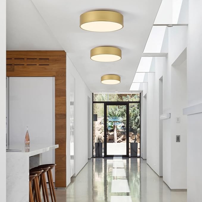 Modern Gold Flush Mount Ceiling Light Fixture,Contemporary 2-Light Round Ceiling Lights with White Acrylic Shade for Hallway,Foyer,Entryway,Closet, Porch,Kitchen(11.8")