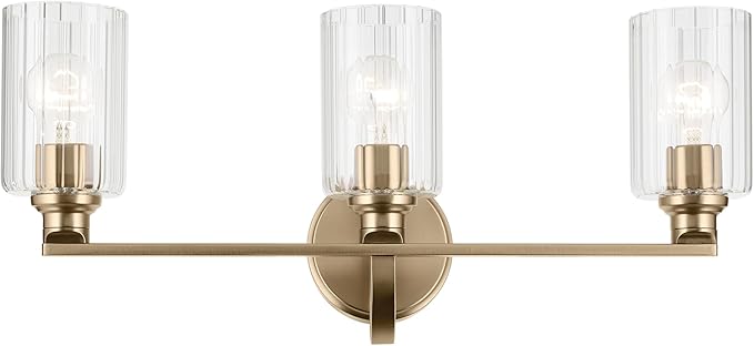 Kichler Gioe 24.25" 3-Light Bathroom Vanity Light Fixture with Clear Fluted Glass in Champagne Bronze, Damp Rated for Mirror, Powder Room (24.25" W x 10.5" H), 55226CPZFLU