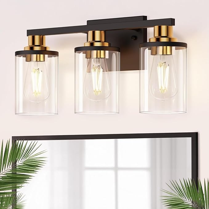 DORESshop Bathroom Light Fixtures, 3-Light Black and Gold Bathroom Lights Over Mirror with Clear Glass Shade,Vanity Lights for Bathroom Hallway Bedroom Living Room, ETL Listed