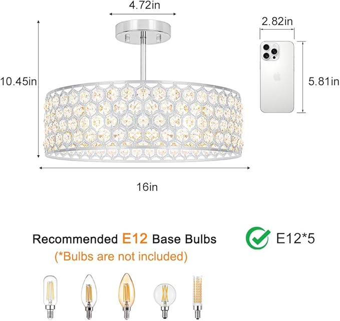 Chrome Crystal Ceiling Light Fixture - Modern Semi Flush Mount Ceiling Chandelier Lighting for Kitchen, Dazzling Prism Chandelier for Bedroom, Bathroom, Dining Room, 5 Light, 16 in