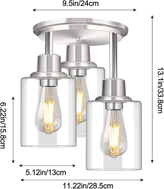 ROTTOGOON Semi Flush Mount Ceiling Light, 3 Light Close to Ceiling Light Fixtures, Brushed Nickel Finish Kitchen Light Fixtures with Clear Glass Shades, Modern Hallway Light Fixtures Ceiling Mount