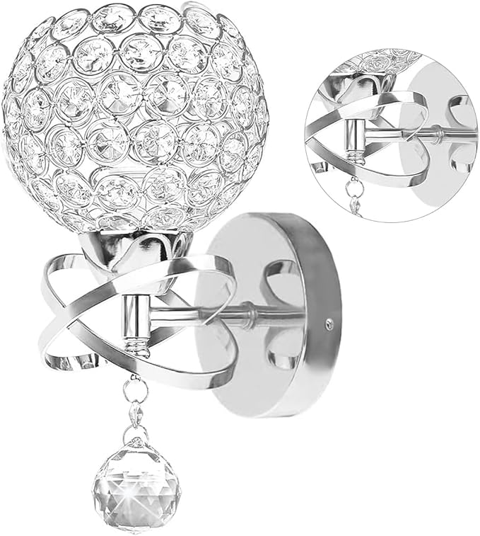 TISLYCO Silver Crystal Sconces - Modern Wall Lighting with Hanging Crystal Ball, Wall Mount Lamp for Bedroom, Living Room, Hallway