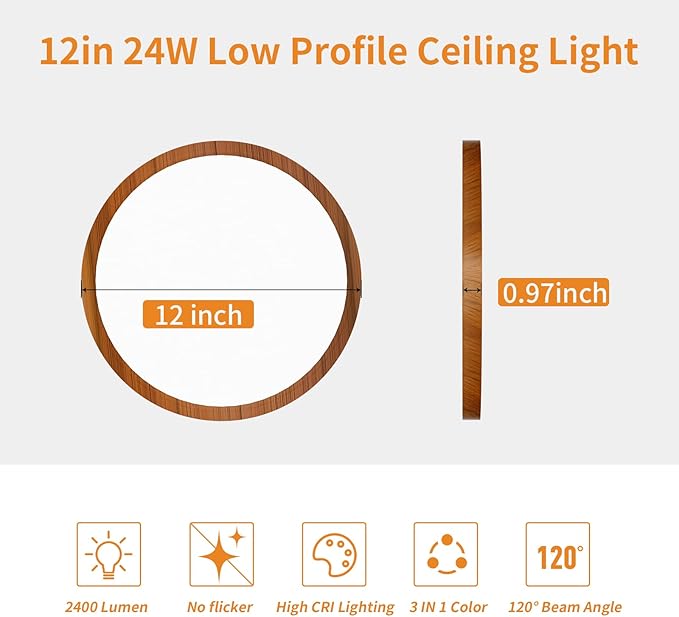 Light Fixtures Ceiling Mount: 12 Inch 24W Wood Grain LED Ceiling Light 3000K-4000K-6000K Selectable Flat Low Profile Round Ceiling Lights for Bedroom Laundry Closet Hallway - Walnut
