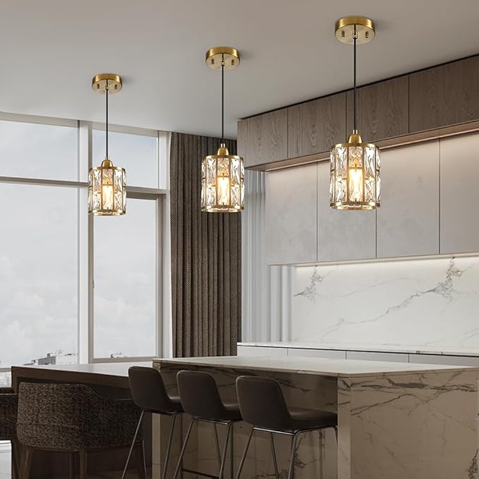 Gold 3 Pack Kitchen Pendant Lighting Over Island Modern Crystal Glass Shade Adjustable Hanging Fixture for Dining Hallway Bedroom Matte