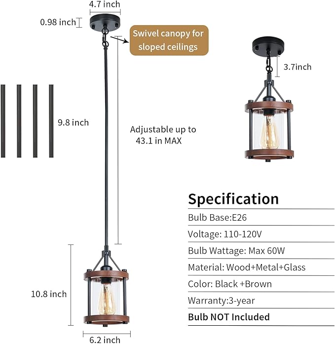 Farmhouse Pendant Light in Wood and Metal Cage, Rustic Brown Wood Pendant Light with Glass, Adjustable Hanging Light Fixtures, Mini Pendant Lighting for Kitchen Island, Hallway, Foyer, 1 Pack