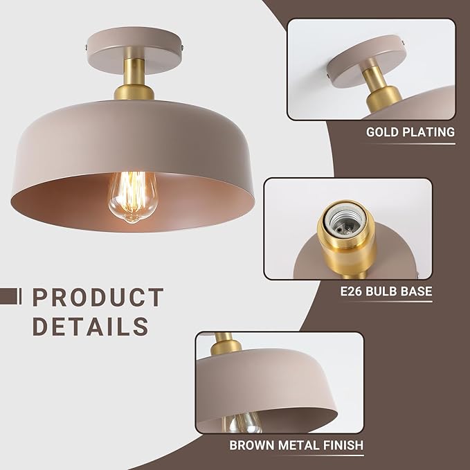 Modern Semi Flush Mount Ceiling Light Fixture,11.8" Brass Accent Ceiling Mounted Light with Brown Metal Shade,1 Light Indoor Hallway Light Fixture for Porch Entryway Foyer Kitchen Bedroom Living Room