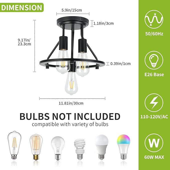 Semi Flush Mount Ceiling Light 3-Light Ceiling Light Fixtures - Black Hallway Light Fixtures Farmhouse Industrial Kitchen Light Fixtures E26 Socket Ceiling Lamp for Foyer
