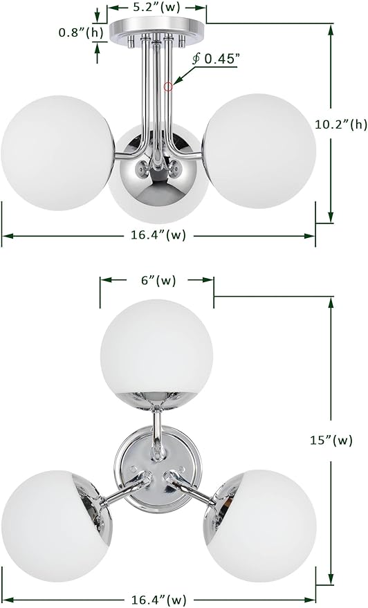 3 Light Semi Flush Mount Chrome Ceiling Light Fixture, Modern Globe Chandelier, Sputnik Farmhouse Lighting for Kitchen Bedroom Bathroom Living Room Corridor Laundry Room Bar