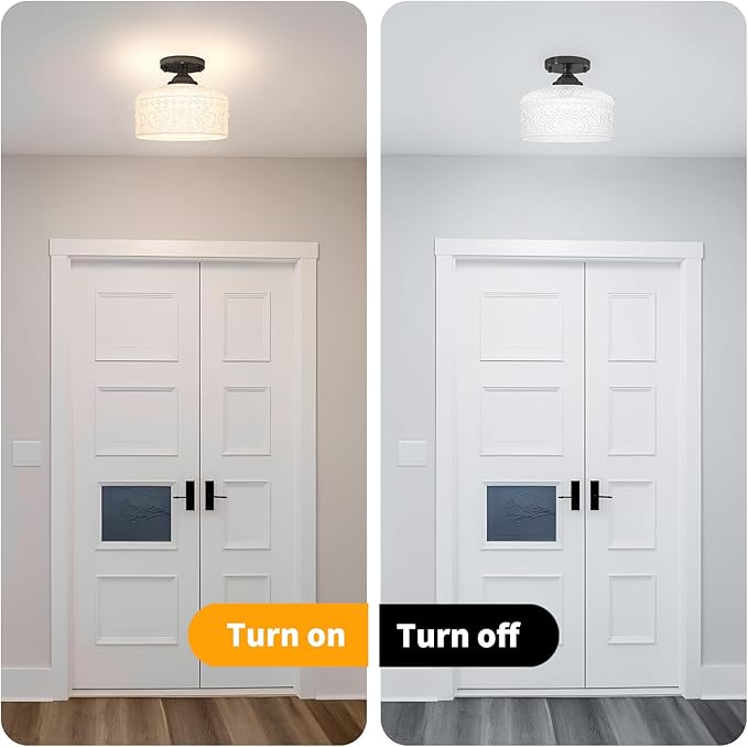 Artistic Black Handcrafted Semi Flush Mount Ceiling Light - 9.45 Inch Vintage White Glass Shade with Etched Patterns, Easy Install, Small Ceiling Light Fixture for Hallway, Kitchen, Bedroom