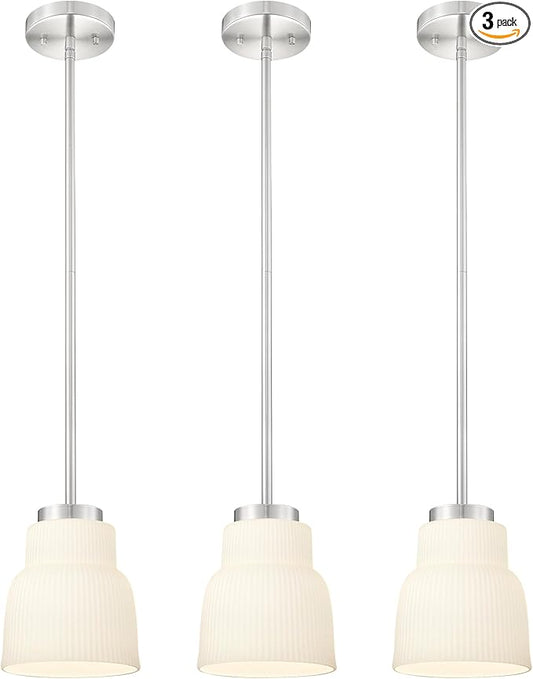 FEMILA 3 Pack 6.7" Vintage Light Fixtures, Milk Glass Kitchen Island Lighting, Brushed Nickel Antique Chandelier, Hanging Light Fixture for Bedroom Hotel Living Room, 4FYD87MIL-3PK BN