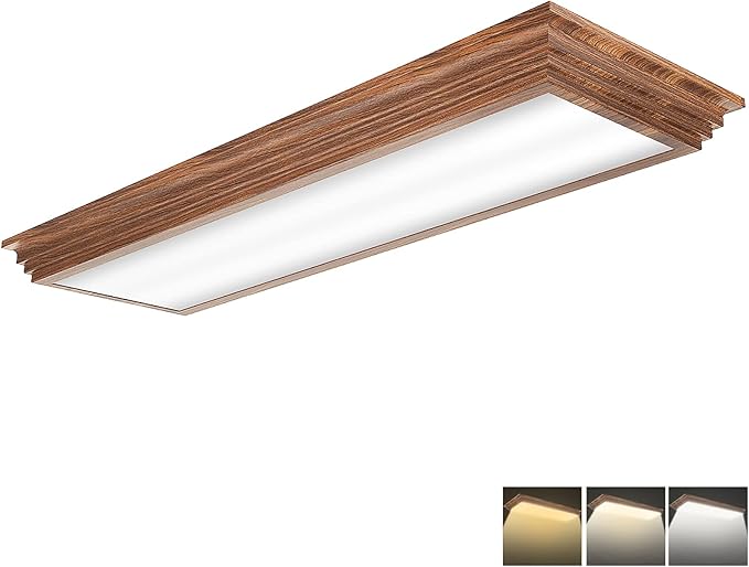 FAITHSAIL 2FT LED Light Fixture with 3000K/4000K/5000K CCT Selectable Dimmable 2 Foot LED Linear with Wooden Look 30W 3300LM Flush Mount Ceiling Wraparound for Kitchen, Bedroom, Laundry
