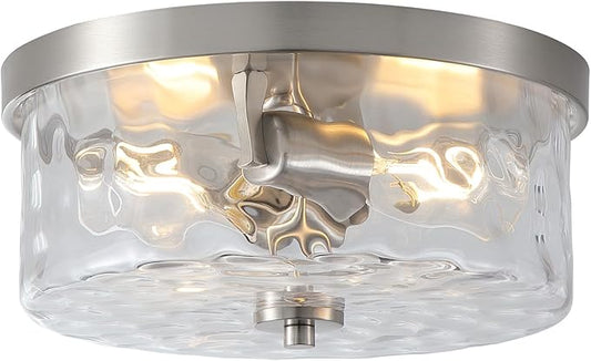 Hammered Glass Brushed Nickel Flush Mount Ceiling Light,2-Lights Modern Farmhouse Ceiling Lighting Fixture for Kitchen Hallway Bedroom,Indoor Antique Foyer Light